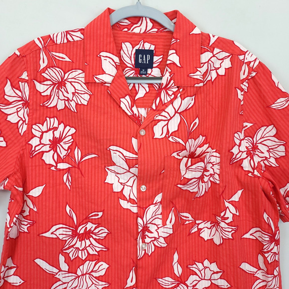 Gap Hawaiian Seersucker Button Up Shirt Floral Cotton Men M White Red Travel - Picture 12 of 12